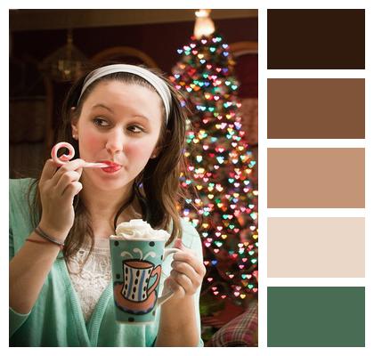 Woman Drinking Hot Chocolate Christmas Christmas Tree Image